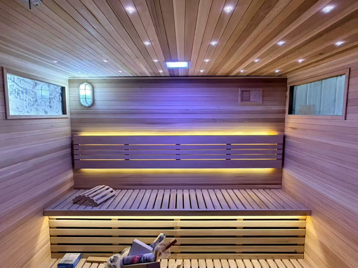 Sauna interior with starry-sky ceiling lighting